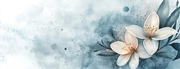 1. A soft abstract background featuring a delicate flower with pastel watercolor splashes, creating a serene and harmonious design, perfect for a wide banner with a tranquil, ethereal vibe