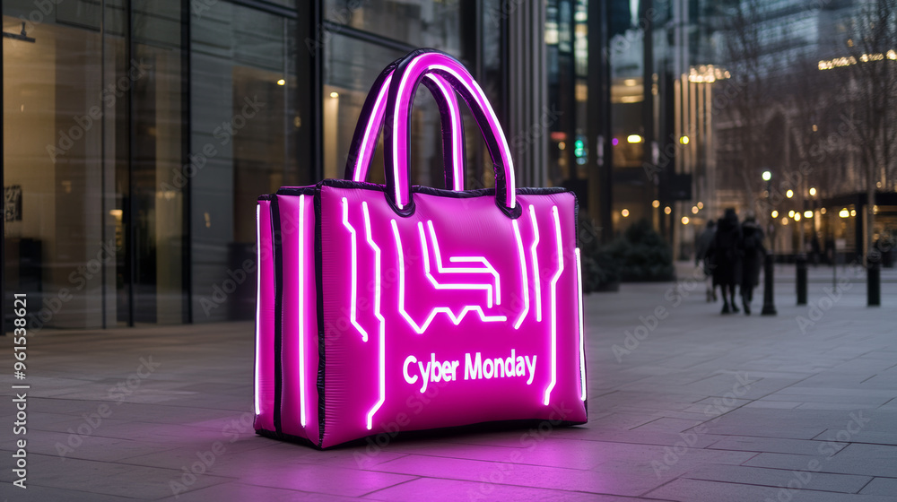 Poster inflatable 3d shopping bag with flashing cyber monday text and digital circuit designs placed outsid