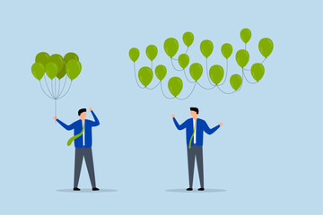 Decentralization, Businessman holding balloons tied together gazes at network of decentralized balloons.