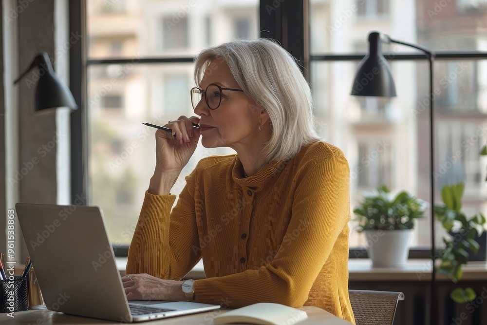 Poster mature older professional woman taking notes while using computer technology at the table while watc