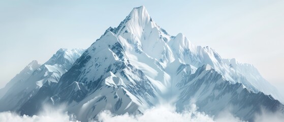 Fototapeta premium A towering mountain, entirely cloaked in snow, rises amidst a sea of clouds before giving way to a clear blue sky