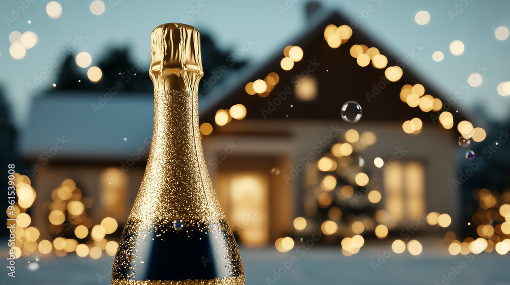 Poster inflatable champagne bottle with golden new year’s streamers and bubbles in front of a house surroun