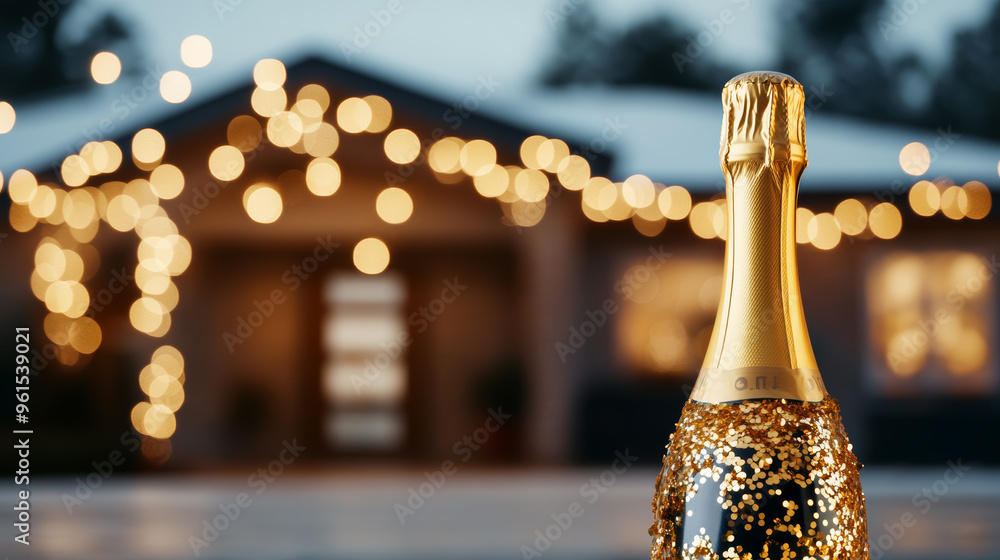 Poster inflatable champagne bottle with golden new year’s streamers and bubbles in front of a house surroun