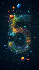 Abstract Illustration of the Number Five in Space with Planets