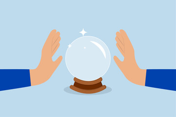 Business forecast, A businessman's hand with mystical abilities gazes into a crystal ball for future predictions.