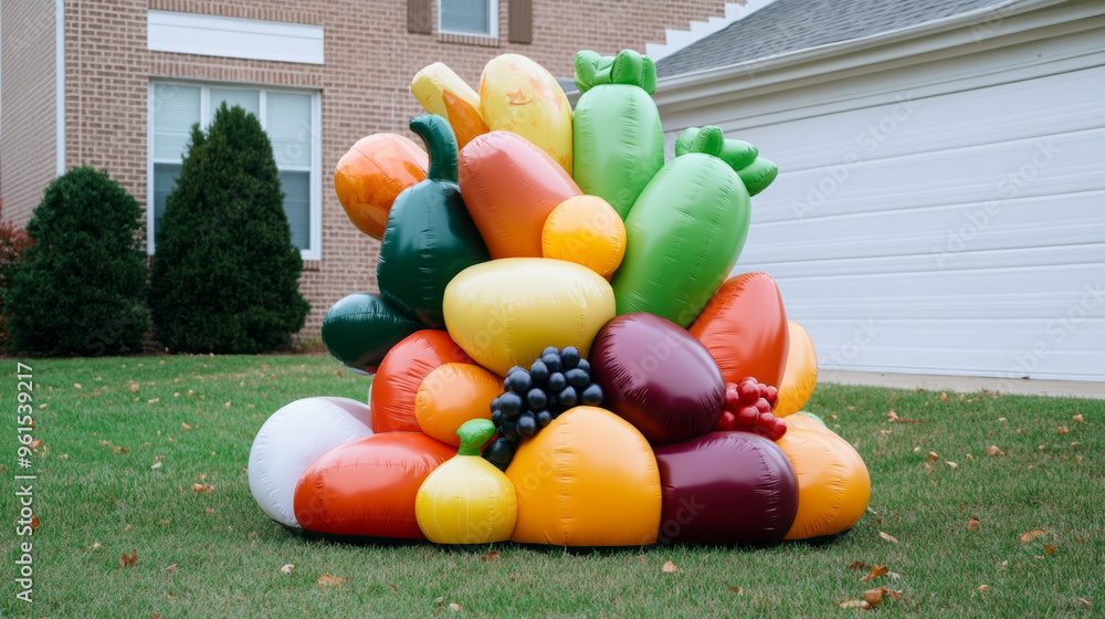 Canvas Prints Inflatable cornucopia spilling out colorful vegetables and fruits in a suburban front yard festive Thanksgiving scene 