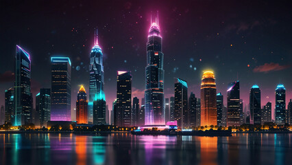 Fototapeta premium The big city at night, beautiful lights, the city of the future