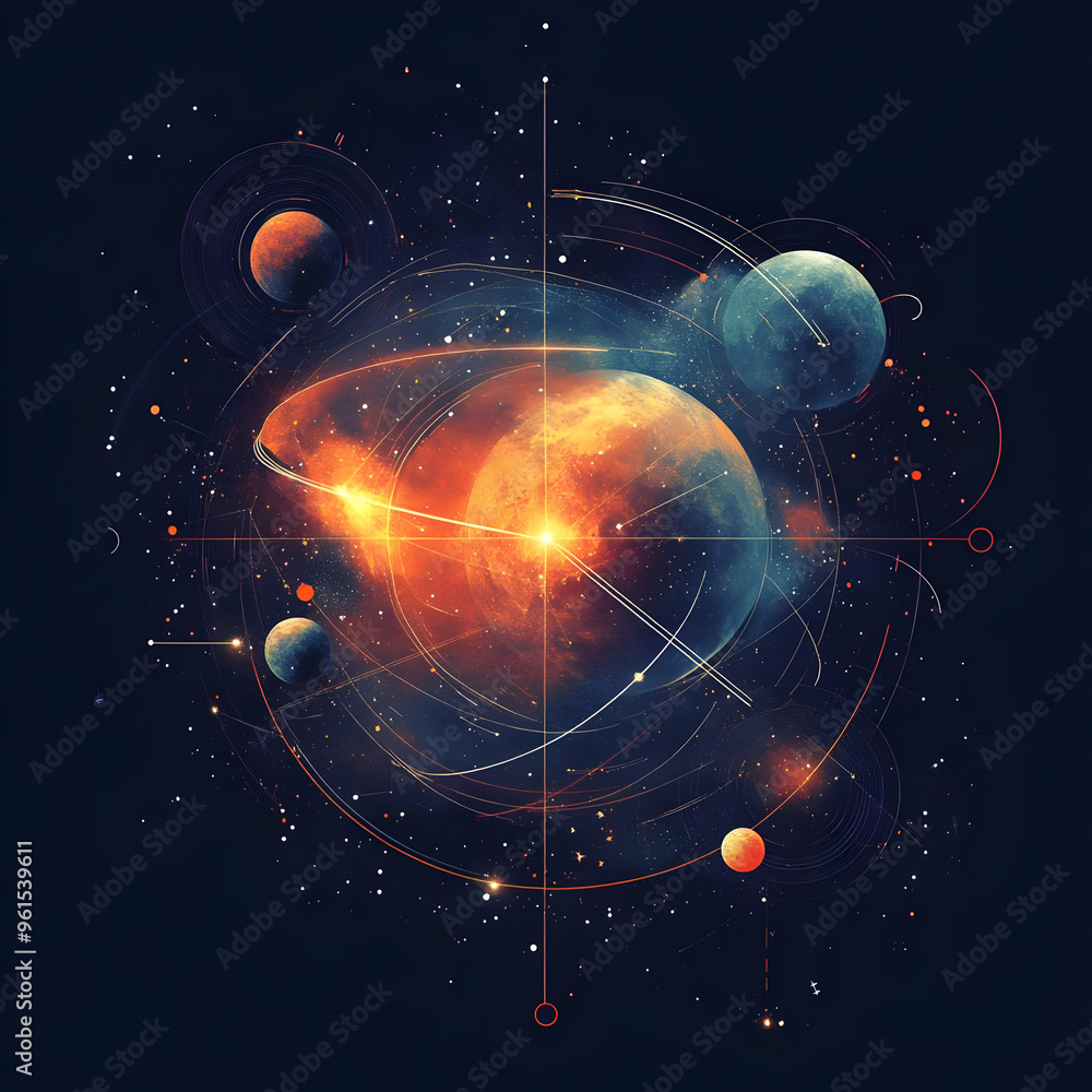 Wall mural cosmic dance illustration - planets, stars, orbits, and celestial bodies