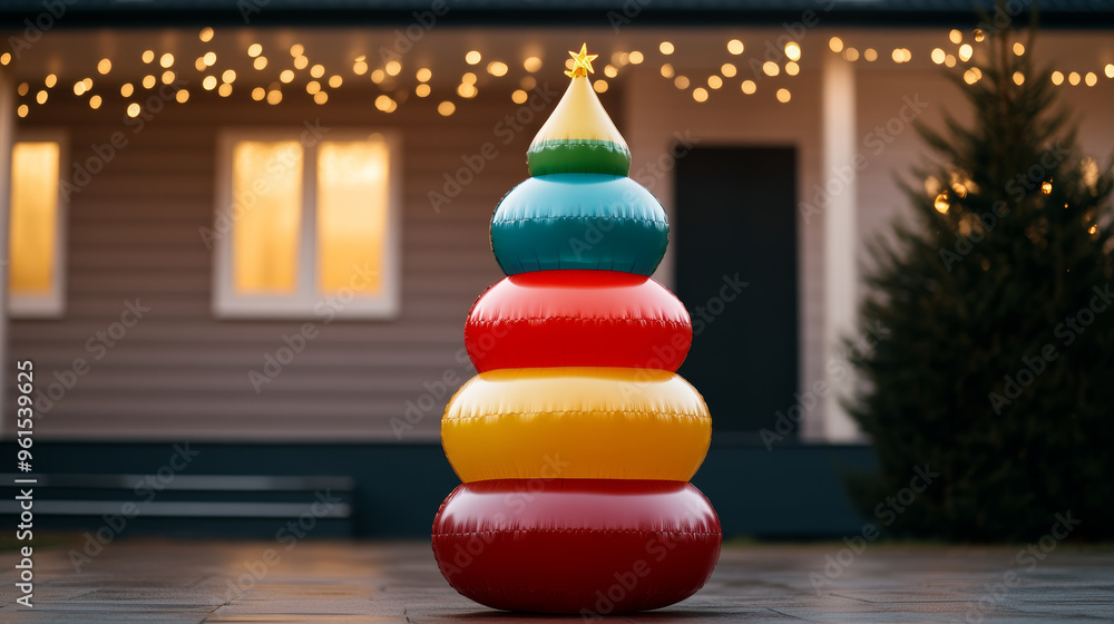 Poster inflatable festive tree with multicolored ornaments displayed in front of a home decorated with new 