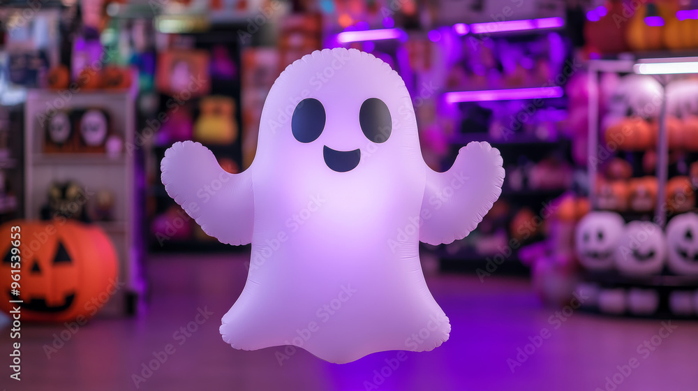 Aufkleber inflatable ghost waving in the wind with a haunted house backdrop displayed in front of a shop full 