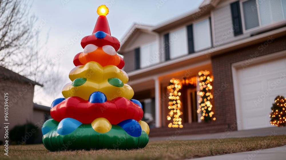 Poster inflatable festive tree with multicolored ornaments displayed in front of a home decorated with new 