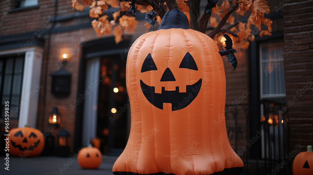 Poster inflatable haunted tree with ghost faces and dangling bats displayed outside a shop surrounded by ha