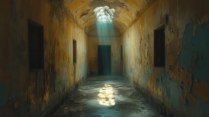 haunting laughter reverberates through a dimly lit abandoned hallway shadows dance on crumbling walls creating an atmosphere of suspense and unease muted colors enhance the eerie ambiance