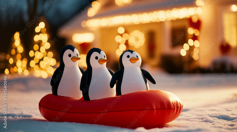 Poster Inflatable penguins on a sled in a front yard next to a warmly lit house with holiday decor bright winter night 