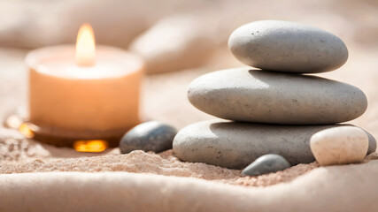 zen stones and burning candle on the sand, spa and relaxation concept