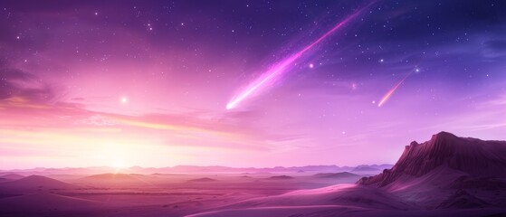 Obraz premium A pink-purple sky with stars, mountains in the foreground, and a radiant backdrop of bright pink and purple