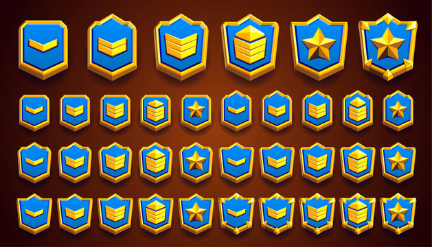 Gold rank badge set. Golden flat illustration of shield emblem decorated with stars and military patent. Different shapes. Flat, metallic effect. Clash royale style.