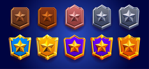 Colorful realistic rank badge level set. Realistic vector illustration of emblem decorated with stars and spikes.Player evolution. Blue, purple, brown golden, silvered, bronze, woody, wood. Perfect fo
