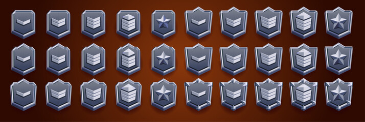 Realistic silver set of game rank badge. Vector illustration of hexagonal silvered emblems decorated with stars and spikes. Badge of achievement, award for victory, level emblem.