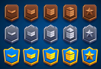 Wood, silver, gold rank badge set. Flat illustration of shield emblem decorated with stars and military patent. Different shapes. Flat, metallic effect. Clash royale style.