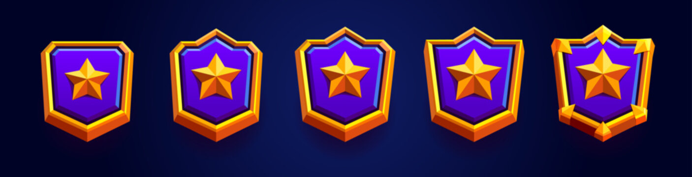 Flat golden set of game rank badge. Vector illustration of golden emblem decorated with stars and spikes. Badge of level game for victory, level emblem.