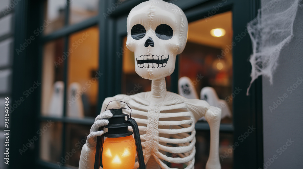 Poster inflatable skeleton holding a lantern next to a halloween store’s entrance with cobweb-draped window