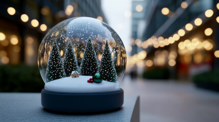 Inflatable snow globe featuring a winter scene positioned in front of a shop filled with holiday decor and glowing string lights magical Christmas atmosphere 
