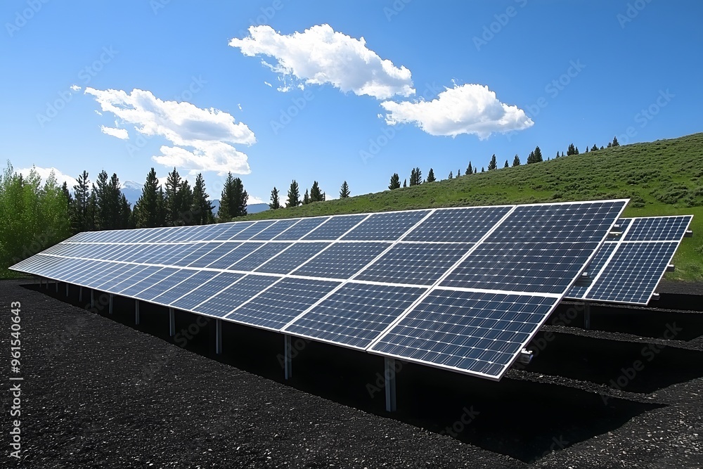 Aufkleber solar panels array on a hillside with trees and clouds