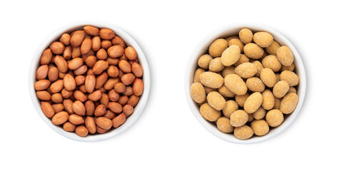 Bowls with red and salted peanuts nuts isolated on white background.Top view.
