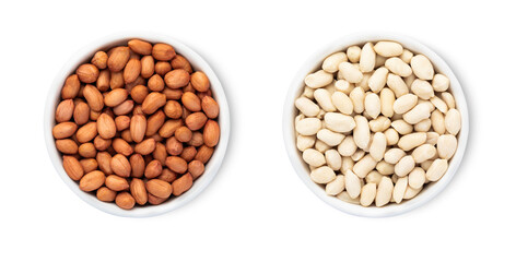 Bowls with red and white peanuts nuts isolated on white background.Top view.