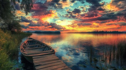 Tranquil lake view with a rustic wooden bridge, a boat, and a sky filled with colorful clouds.