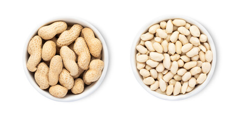Bowls plates shelless peanuts nuts isolated on white background.Top view.