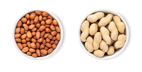 Bowls plates red peanuts nuts with white shell isolated on white background.Top view.