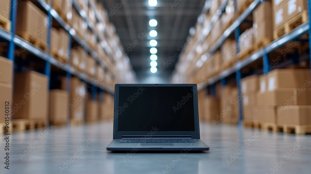 Poster inventory management system on a screen showing organized warehouse layout smart technology optimizi