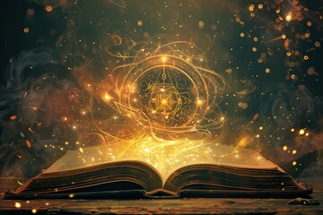 An open magical book with glowing symbols and golden light swirling above it