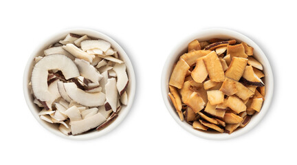 Bowl plates with sweet dried organic coconut pieces isolated on white background.Top view.