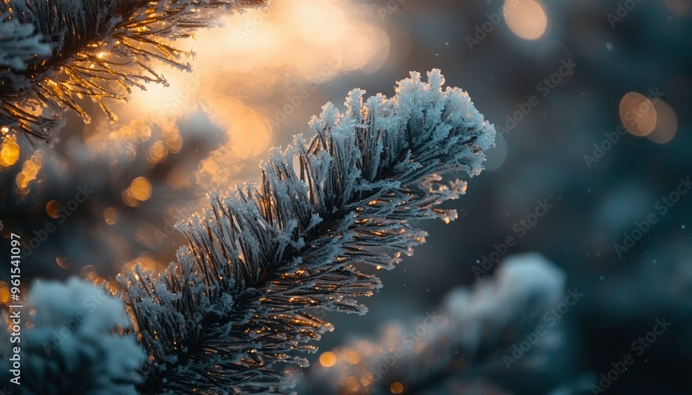 Poster close-up of a pine branch covered in frost with warm bokeh lights