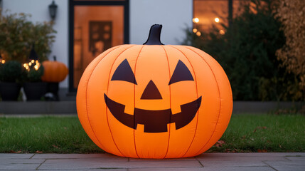 Obraz premium Large inflatable pumpkin with a mischievous grin displayed outside a festive Halloween shop entrance at dusk with glowing orange lights and spooky decor 