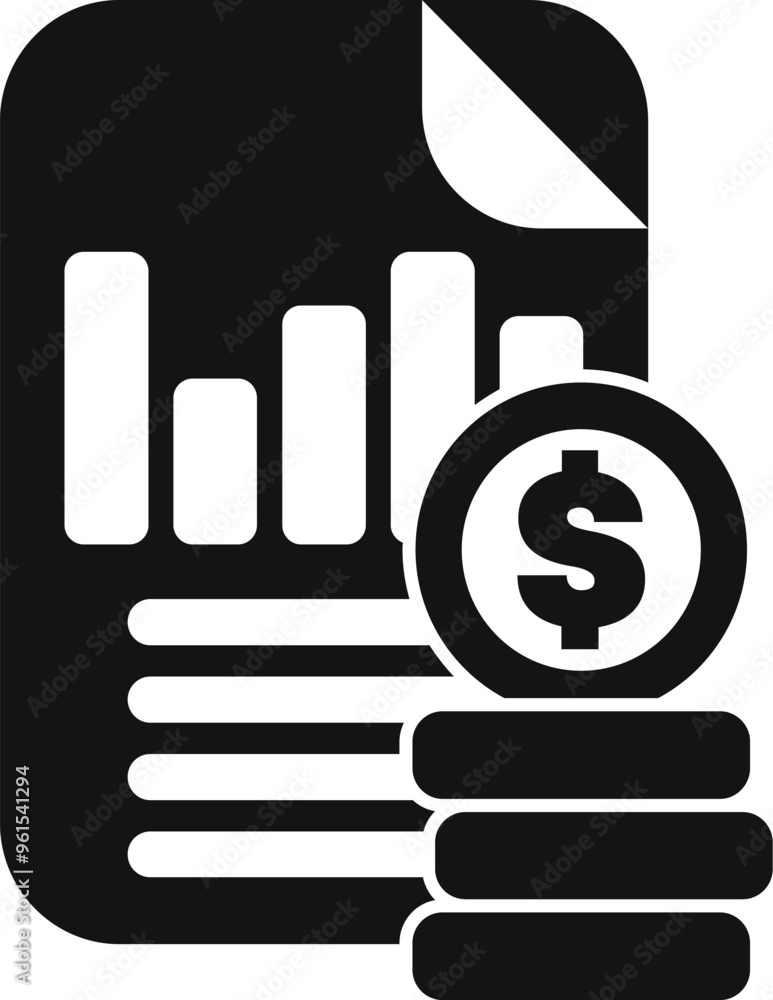 Poster simple black and white icon of a financial report showing increasing profits with a stack of coins a