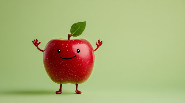 Laughing apple character with tiny hands and feet in the center on a light green background 