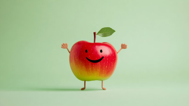 Laughing apple character with tiny hands and feet in the center on a light green background 