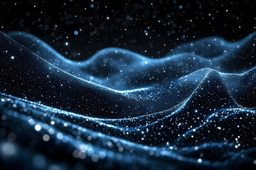 Abstract Background of Blue Glittering Waves on Black