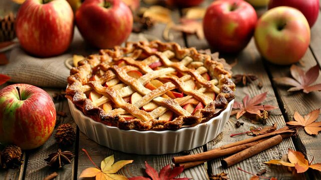 Freshly baked apple pie with lattice crust on rustic table, cozy autumn vibe. Homemade dessert and comfort food concept