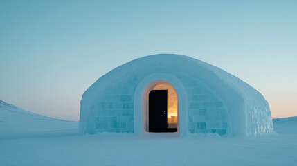 Luxury Arctic hotel made of ice with guests sipping hot drinks, cozy interiors contrasting with frozen exteriors 