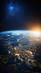 Stunning View of Earth from Space with Sunrise and City Lights Illuminating the Planet
