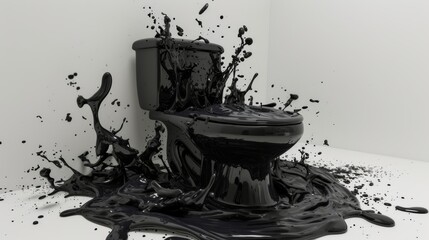 A black toilet stands in a stark white room, dramatically splattered with thick, black liquid. The...