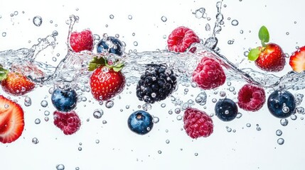 Water wave splash capturing the motion of mixed berries and fruits falling into the water, against a white backdrop.