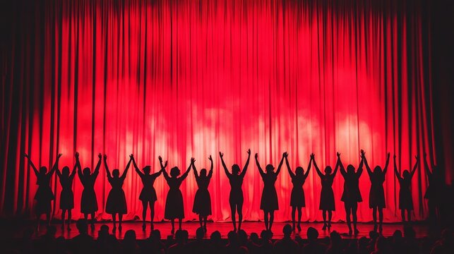 Actors joyfully take their final bow in front of a vibrant red curtain during a live performance