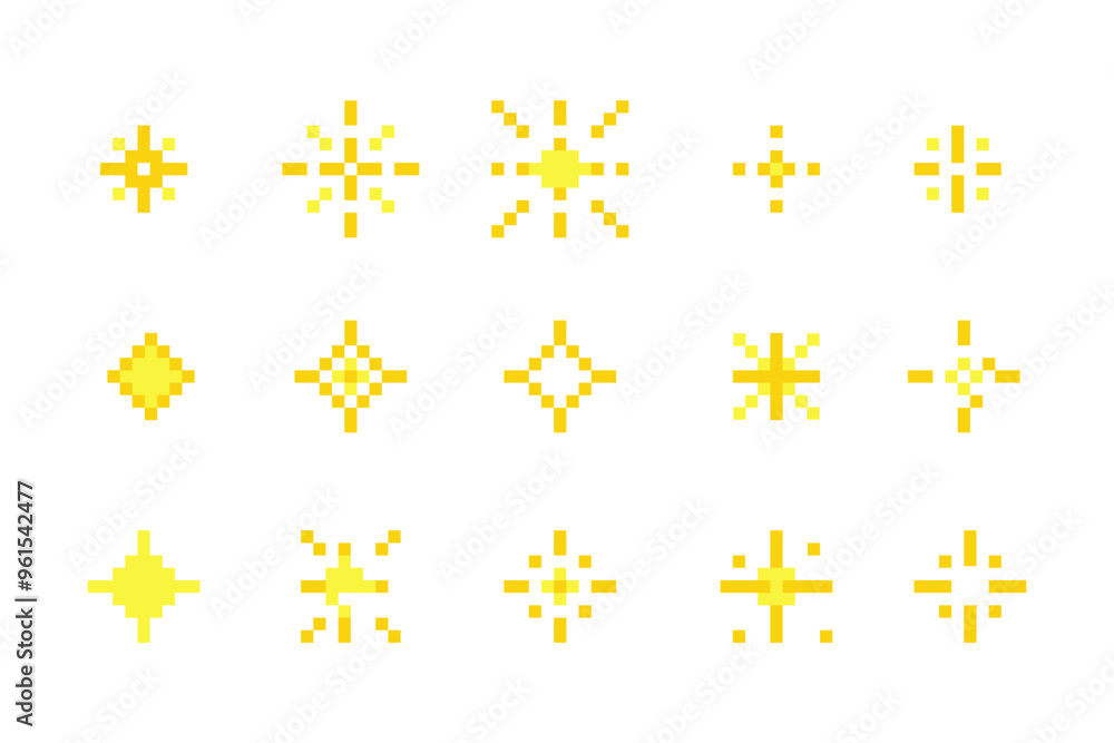 Sticker pixel star retro 8 bit sparkle set. shiny game pixel art effect set. firework burst, space decoratio