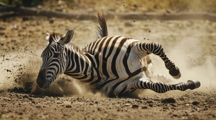 Obraz premium Wild animals in unexpected poses, a zebra rolling in the dust, legs kicking in the air